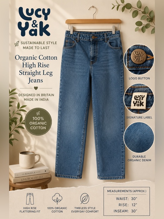 Lucy & Yak Denim - Lucy & Yak Organic Cotton High Rise Straight Leg Jeans W30 Blue Denim